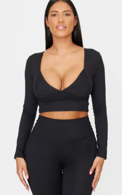 Shape Black Sculpt Plunge Front Long Sleeve Top