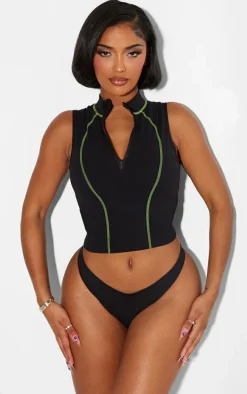 Shape Black Sculpted Contrast Stitch Zip Front Sleeveless Top