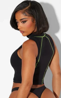 Shape Black Sculpted Contrast Stitch Zip Front Sleeveless Top