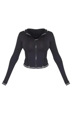Shape Black Sculpted Contrast Stitch Zip Through Hoodie