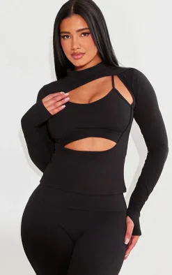 Shape Black Sculpted Cut Out Bralette Detail Long Sleeve Top