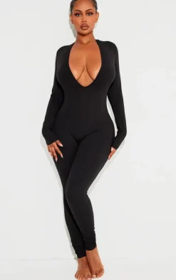 Shape Black Sculpted Long Sleeve Plunge Front Jumpsuit