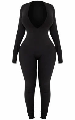 Shape Black Sculpted Long Sleeve Plunge Front Jumpsuit
