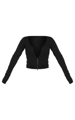 Shape Black Sculpted Zip Through Long Sleeve Top
