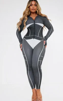 Shape Black Seamless Contrast Long Sleeve Zip Through Jumpsuit
