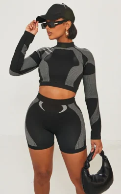 Shape Black Seamless Contrast Detail Long Sleeve Crop Top