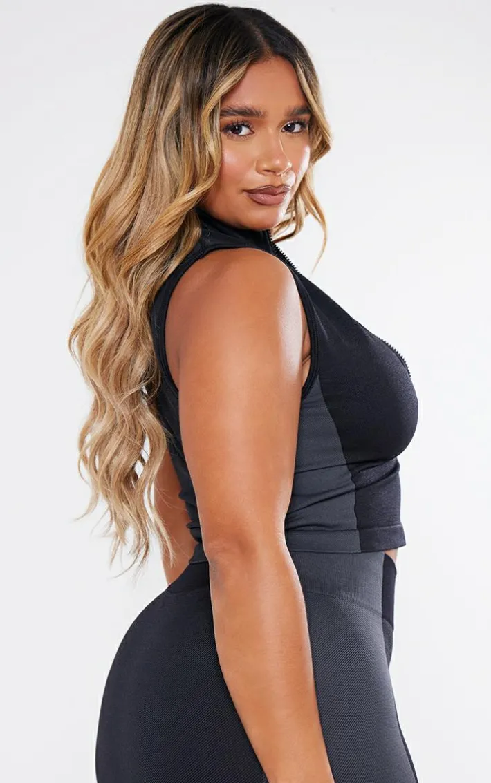 Shape Black Seamless Zip Through Sleeveless Top