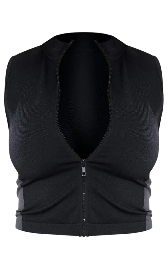 Shape Black Seamless Zip Through Sleeveless Top
