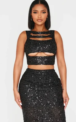 Shape Black Sequin Cut Out Top