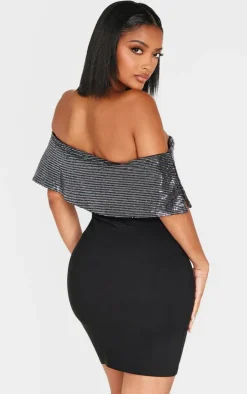 Shape Black Sequin Fold Over Asymmetric Mini Dress