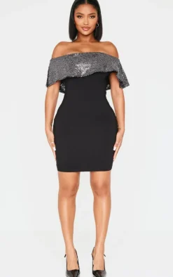 Shape Black Sequin Fold Over Asymmetric Mini Dress
