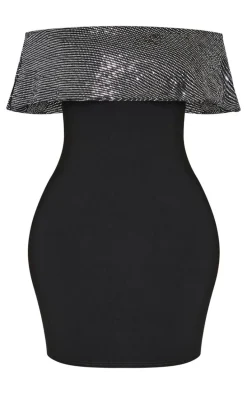 Shape Black Sequin Fold Over Asymmetric Mini Dress