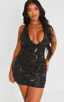 Shape Black Sequin Halterneck Plunge Bodycon Dress