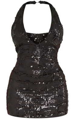 Shape Black Sequin Halterneck Plunge Bodycon Dress
