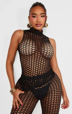 Shape Black Sheer Fish Net High Neck Top