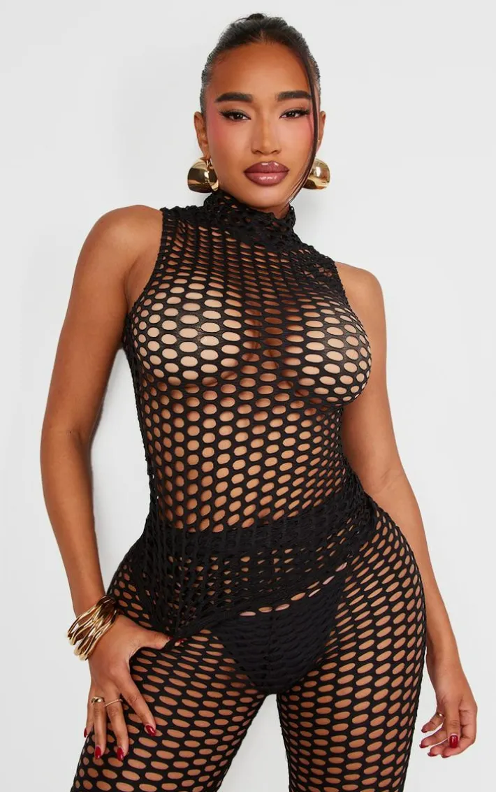 Shape Black Sheer Fish Net High Neck Top
