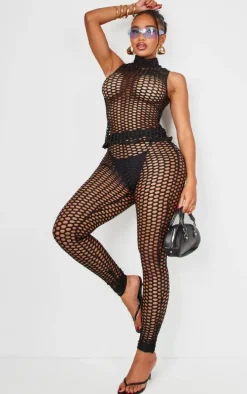 Shape Black Sheer Fish Net High Neck Top