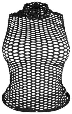 Shape Black Sheer Fish Net High Neck Top