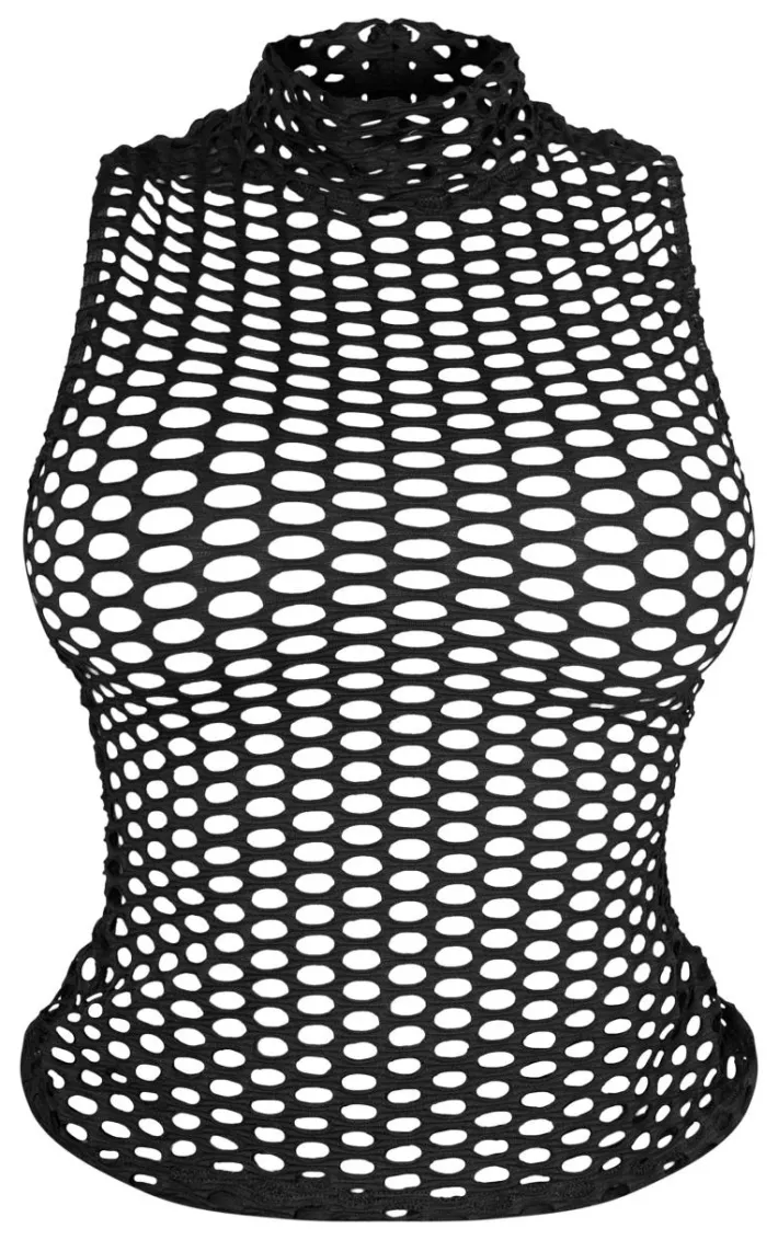 Shape Black Sheer Fish Net High Neck Top