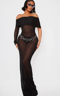 Shape Black Sheer Knit Foldover One Sleeve Maxi Dress