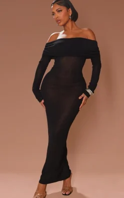 Shape Black Sheer Mesh Bardot Maxi Dress