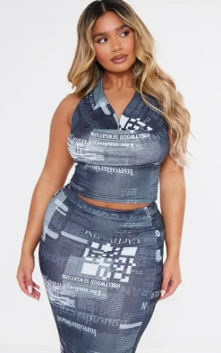 Shape Black Sheer Mesh Newspaper Printed Cowl Neck Top