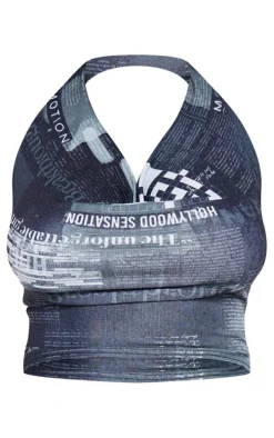 Shape Black Sheer Mesh Newspaper Printed Cowl Neck Top