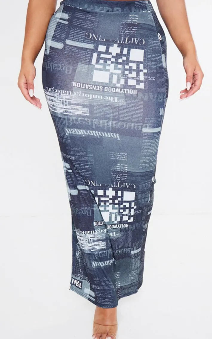 Shape Black Sheer Mesh Newspaper Printed Maxi Skirt