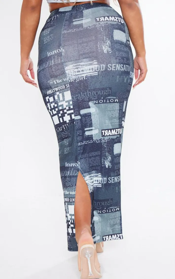 Shape Black Sheer Mesh Newspaper Printed Maxi Skirt