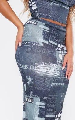 Shape Black Sheer Mesh Newspaper Printed Maxi Skirt