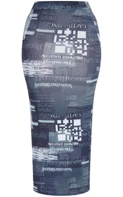 Shape Black Sheer Mesh Newspaper Printed Maxi Skirt