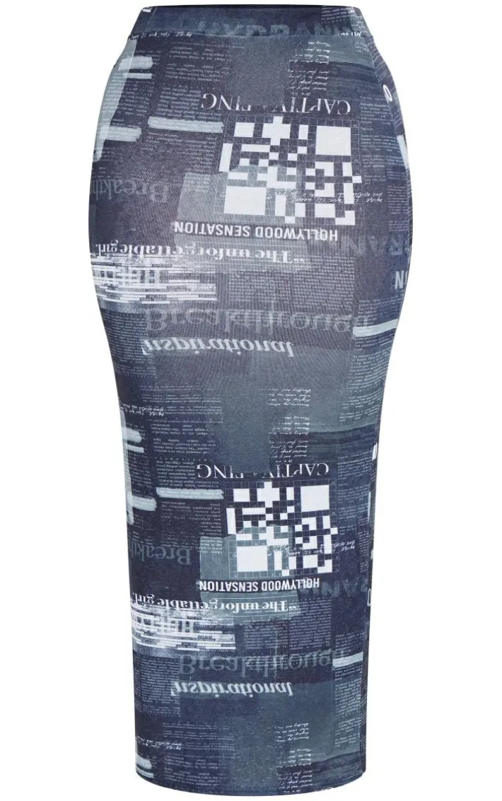 Shape Black Sheer Mesh Newspaper Printed Maxi Skirt