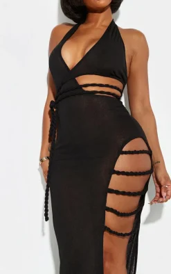 Shape Black Sheer Mesh One Shoulder Twist Cutout Detail Maxi Dress