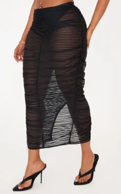 Shape Black Sheer Mesh Ruched Front Midiaxi Skirt