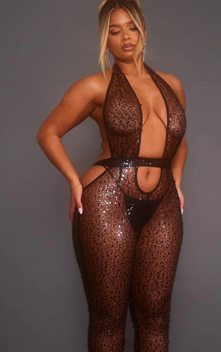 Shape Black Sheer Sequin Cut Out Jumpsuit