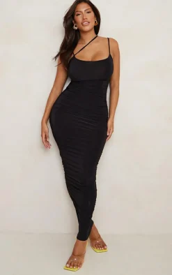 Shape Black Slinky Asymmetric Strap Ruched Side Midaxi Dress