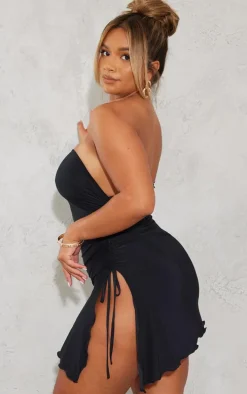 Shape Black Slinky Bandeau Ruched Side Frill Hem Bodycon Dress