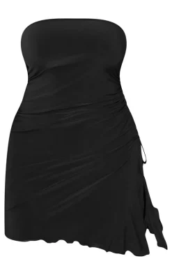 Shape Black Slinky Bandeau Ruched Side Frill Hem Bodycon Dress
