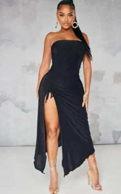 Shape Black Slinky Bandeau Ruched Side Frill Hem Midaxi Dress