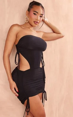 Shape Black Slinky Bandeau Cut Out Ruched Bodycon Dress