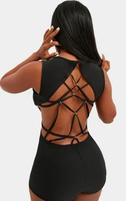 Shape Black Slinky Cut Out Back Ring Detail Unitard