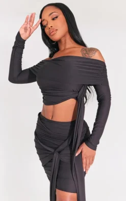 Shape Black Slinky Knotted Detail Bardot Crop Top
