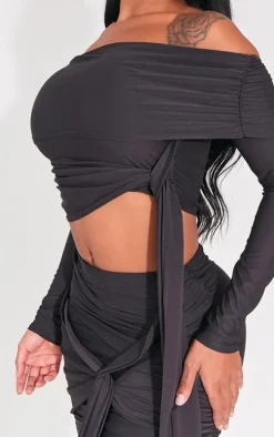 Shape Black Slinky Knotted Detail Bardot Crop Top