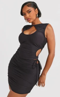 Shape Black Slinky Ruched Cut Out Longline Top