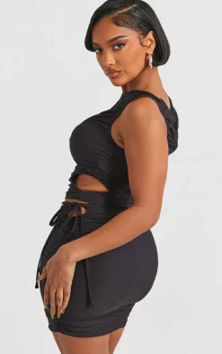 Shape Black Slinky Ruched Cut Out Longline Top