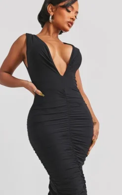 Shape Black Slinky Ruched Low Plunge Front Maxi Dress
