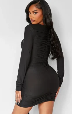 Shape Black Slinky Ruched Detail Long Sleeve Bodycon Dress