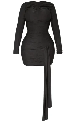 Shape Black Slinky Ruched Detail Long Sleeve Bodycon Dress