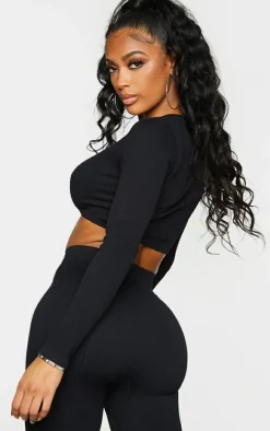 Shape Black Snatched Ribbed Twist Detail Crop Top