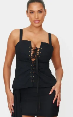 Shape Black Square Neck Long Line Cargo Corset Top